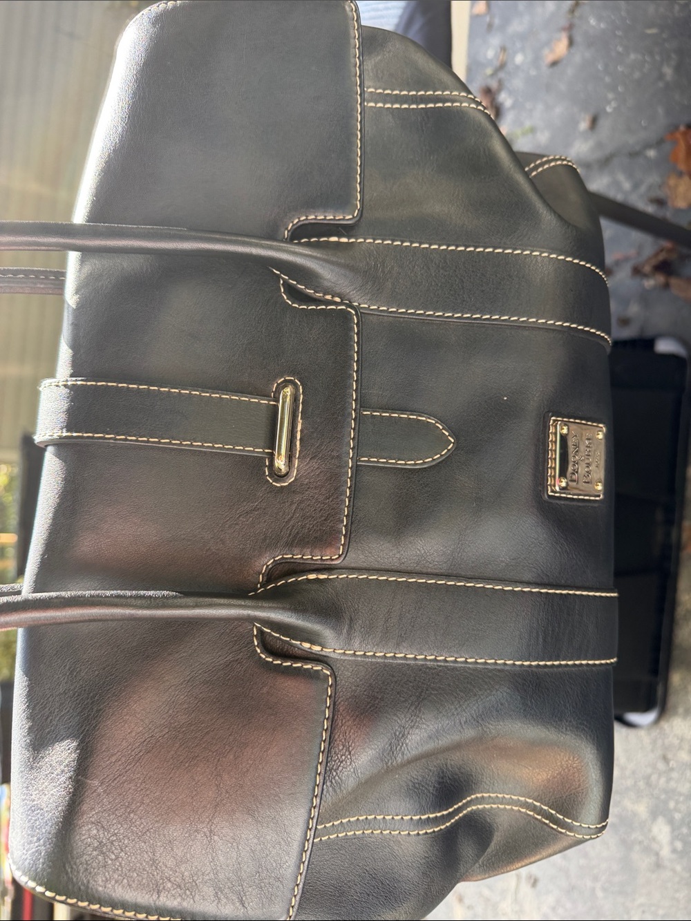 Dooney & Bourke Black Leather Shoulder Tote with Contrast Stitching